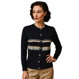 Anna Gray Vintage Navy Cardigan Sweater Striped Long‎ Sleeve Silk Blend